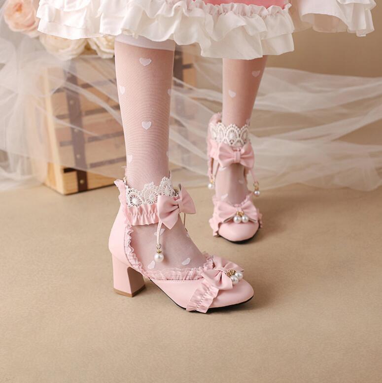 ロリータ 靴 ヒール パンプス 厚底 ロリータシューズ パンプス Lolita靴 丸トウ お嬢様 美脚 履きやすい 　ロリータ 太ヒール リボン ストラップ パンプス コスプレ ロリータ 靴 フォーマル 女子用 可愛い 痛くない 誕生日 ギフト