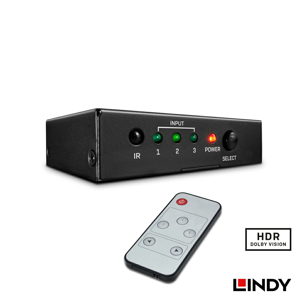 LINDY HDMI 2.0 18G 4K@60Hz 切替器 3入力1出力 18Gbps 4K60Hz 4:4:4 HDR UHD メタル筐体 HDCP2.2 CEC 赤外線リモコン付属 38kHz対応 自動入力検出 LIFO解像度処理 高耐久金メッキ端子 コンパクトスイッチャー ブラック スムーズ切替操作 高信頼メディア統合 超低ノイズ設計