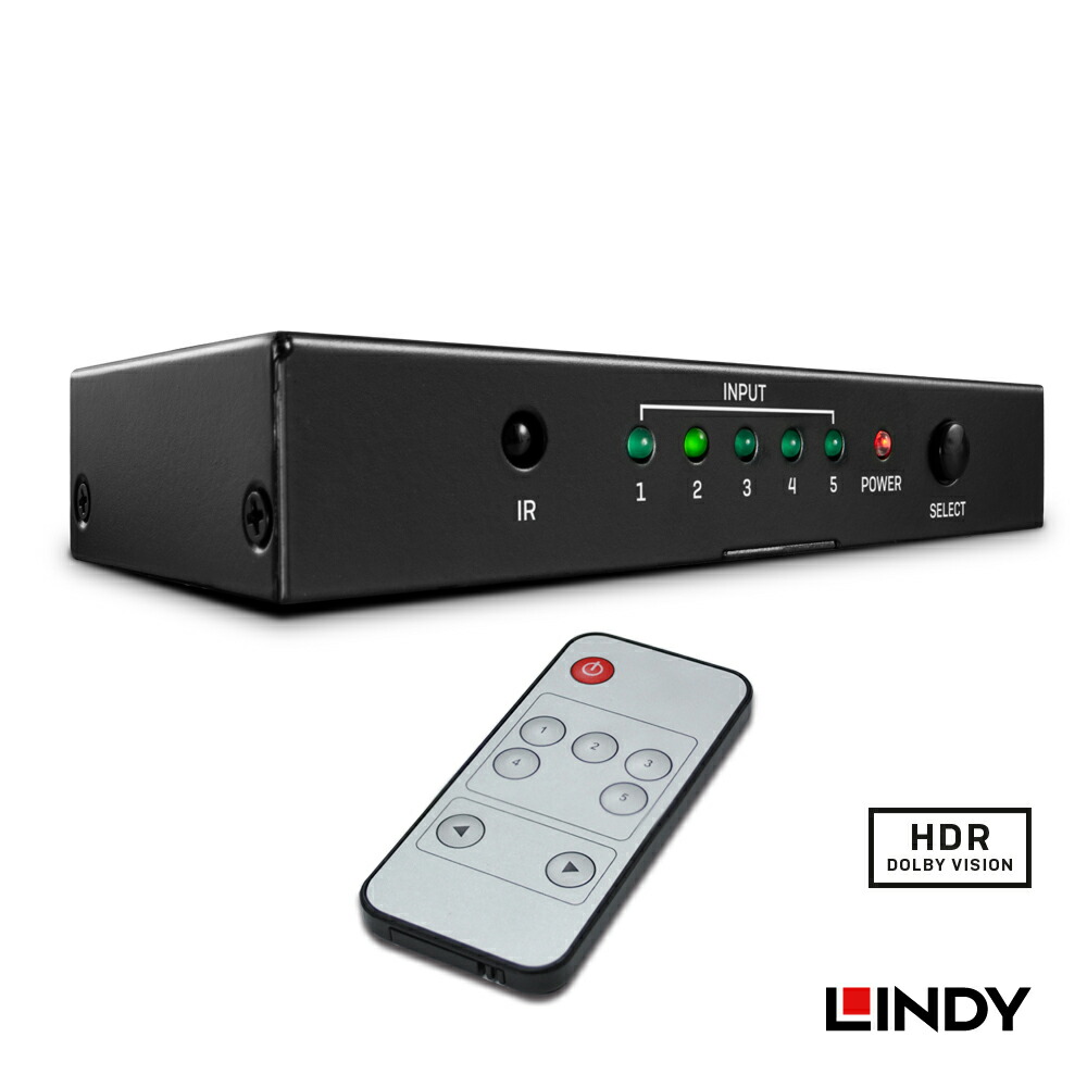 LINDY HDMI 2.0 18G 4K@60Hz 切替器 5入力1出力 金属筐体 HDCP2.2 CEC 38kHz赤外線リモコン 自動入力検出 LIFO解像度処理 高耐久金メッキ端子 コンパクトAVスイッチャー ブラック 4:4:4 HDR対応 高信頼HDMI接続品質 省スペース設置メリット 超低ノイズ設計