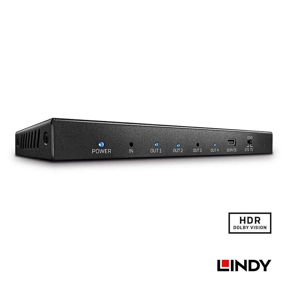 LINDY HDMI 2.0 UHD 18G 4K@60Hz 分配器 1入力4出力 18Gbps 4K60Hz HDR対応 1入力4出力 UHD 4:4:4 12bit 3D対応 長距離伝送15m/20m USB miniB FWアップデート 赤外線延長端子搭載 金属筐体 高耐久金メッキ端子 HDMIパススルー 多チャンネル7.1chオーディオ対応 ブラック｜リンディージャパン