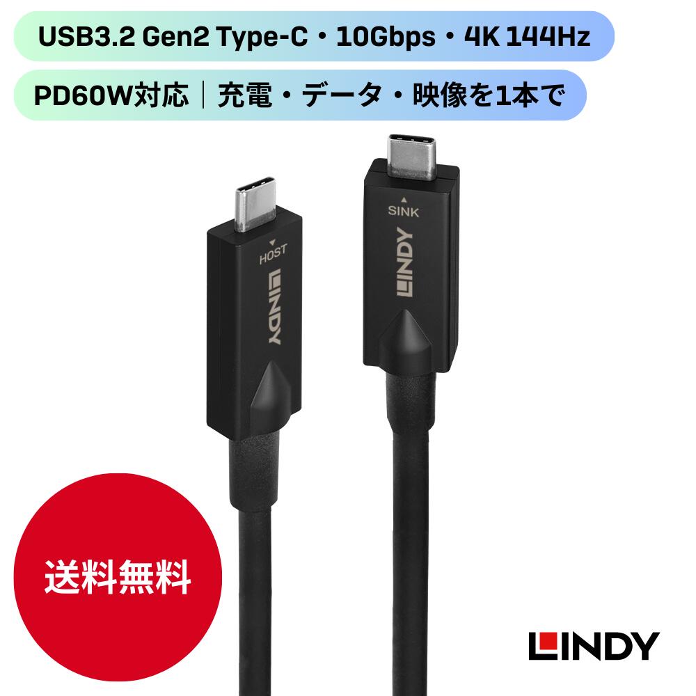 LINDY 10m USB3.2 Gen2 Type-Cアクティブケーブル 4K@144Hz 映像出力 高速データ転送 10Gbps USB PD 60W充電 光ファイバー ノイズ低減 高耐久 アルミ合金シェル 金メッキ端子 ゲーミングモニター ノートPC ドック接続 VR機器 延長ケーブル Thunderbolt互換 オフィス会議｜リンディージャパン 23,763円