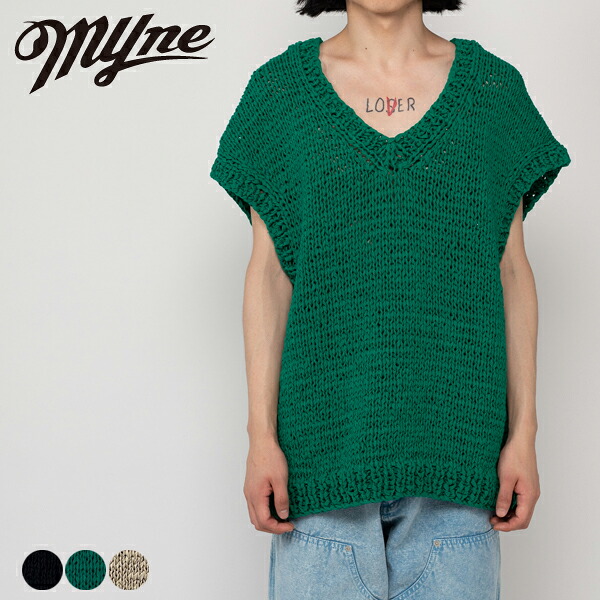 Shoelace Knitted Vest Myne マイン G10VT002 シューレスニットベスト ニットベスト メンズ レディース vネック ブランド おしゃれ ノースリーブ カジュアル 無地 シンプル 蒸れにくい 手編み コットン 100% ブラック 黒 グリーン 緑 ホワイト 白 2026 春 春夏 夏|SVEC PRIME SHOP