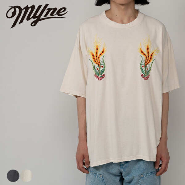 Embroidery Tee Myne マイン G10TS031 tシャツ 半袖 ゆったり メンズ レディース ブランド おしゃれ カジュアル 刺繍 ダメージ加工 ヴィンテージ風 コットン ブラック 黒 ホワイト 白 2026 冬 春 春夏