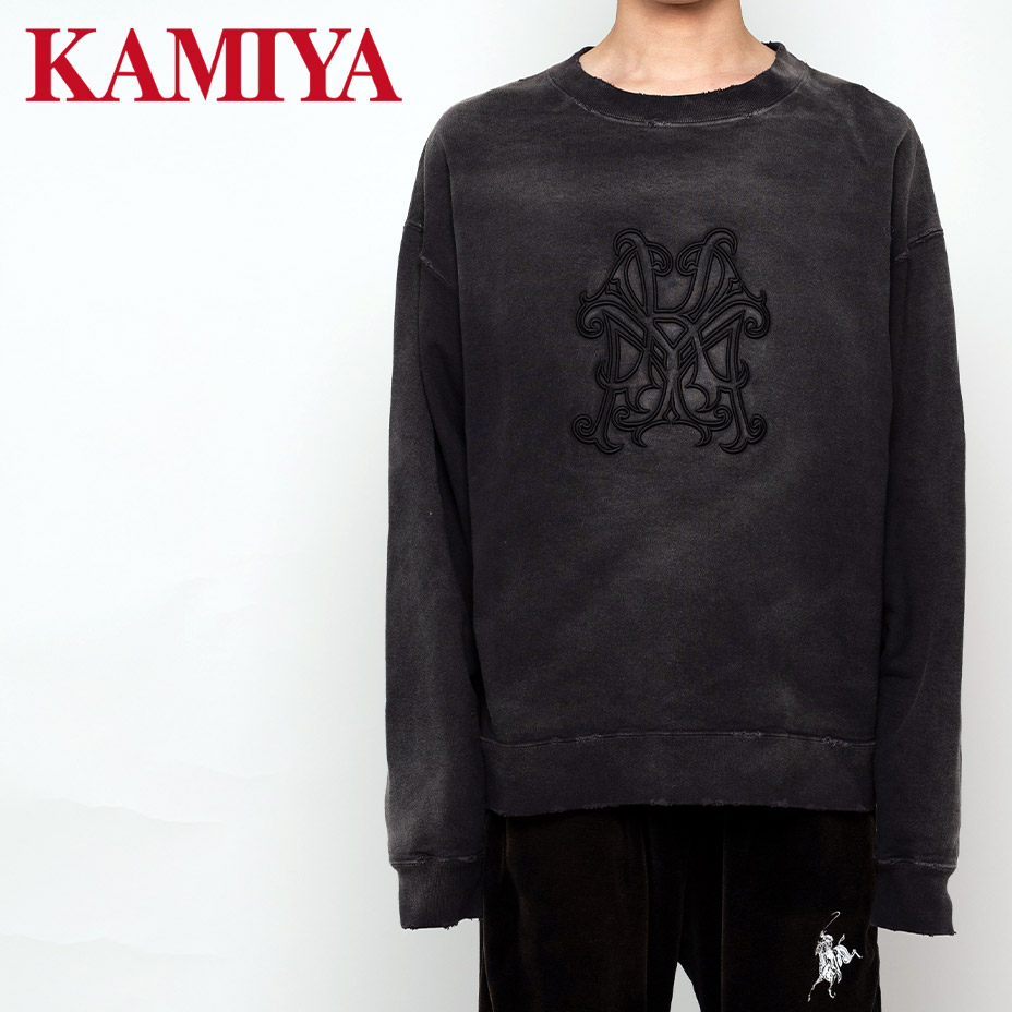 KAMIYA カミヤ Logo Embroidered Bleach Sweatshirt G13PO067 ロゴタイプ エンブロイダード ブリーチ トレイナー 流汗 メンズ ティーシャツ レディース 格好のいい 日本製 長袖 刺しゅう 労働者の一団のど首 綿100％ ゆったり 好いたらしい 愛くるしい 黒いこと 黒 2026 春 春夏 夏 スウェット・トレーナー-トップス