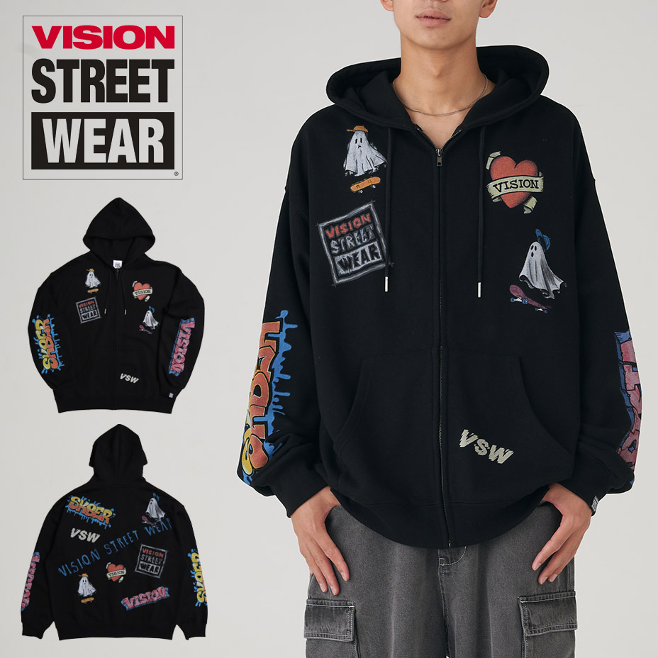 vision street wear パーカー レディース メンズ ゴースト GHOST ジップ ジップアップ お洒落 大きめ ブランド ジップアップパーカー フード フーディー おしゃれ かわいい 可愛い プリント 長袖 トップス ブラック 黒 2026 春 春夏 夏
