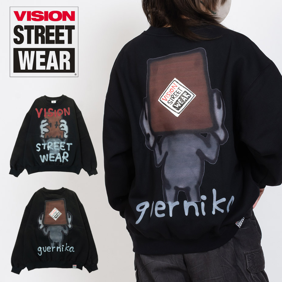 vision street wear 調教師 レディース メンズ guernika ゲルニカ ANONYMOUS 今めかしい 汗水 愛くるしげ 好いたらしい ティーシャツ 刷り上げる 裏起毛 長袖 労働者の一団のど首 トップス 黒いこと 黒 2026 春 春夏 夏