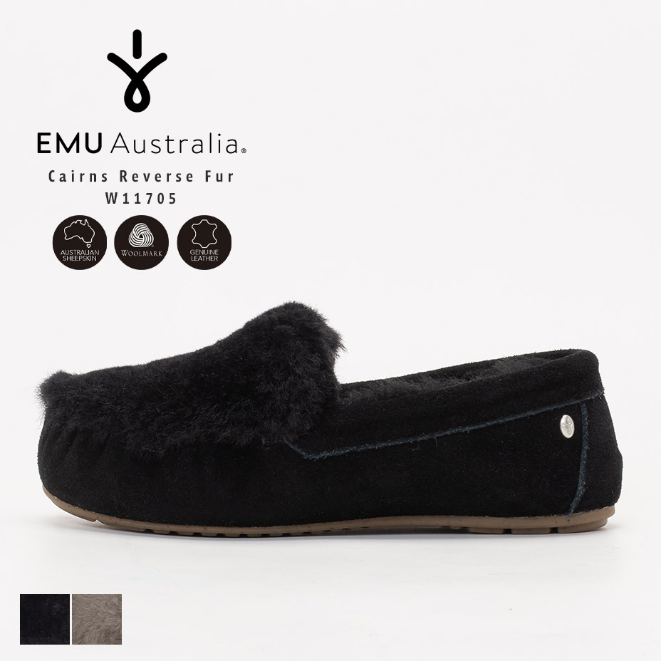 emu Cairns Reverse Fur W11705 羊肉 モカシン スリッポン EMU Australia エミュ オーストラリア連邦 レディース エミュ ムートンシューズ 遊撃手 靴 ブランド名 かっこ良い 愛くるしげ 好いたらしい 家庭用スリッパ 本革 シープスキン スエードクロス スウェード 毛革 黒いこと 黒 シューズ 靴-ブーツ-レディース靴