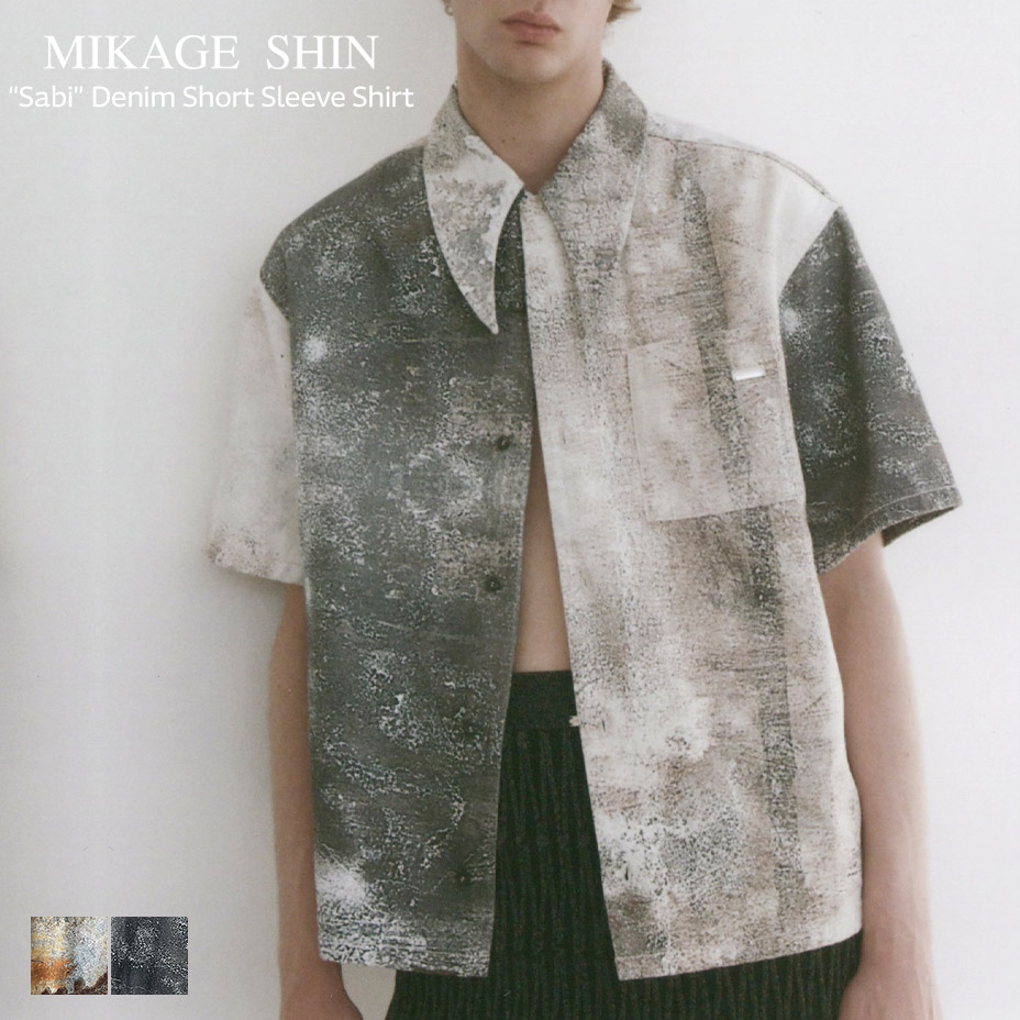 MIKAGE SHIN ミカゲ シン ミカゲシン Sabi Denim Short Sleeve Shirt デニムシャツ 半袖シャツ メンズ レディース 襟付き カジュアル 綿100% 錆 加工 ゆったり デニム 半袖 シャツ 洗濯可能 おしゃれ かわいい 可愛い ブルー 青 グレー 国産 日本製