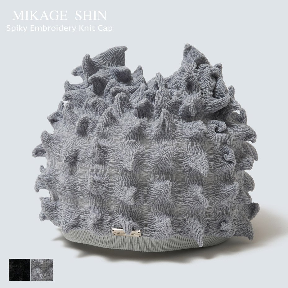 MIKAGE SHIN ミカゲ シン ミカゲシン Spiky Embroidery Knit Cap ニット帽 レディース メンズ 猫耳 かわいい 可愛い ニットキャップ ニット 帽子 おしゃれ ブラック 黒 シルバー 国産 日本製｜SVEC PRIME SHOP