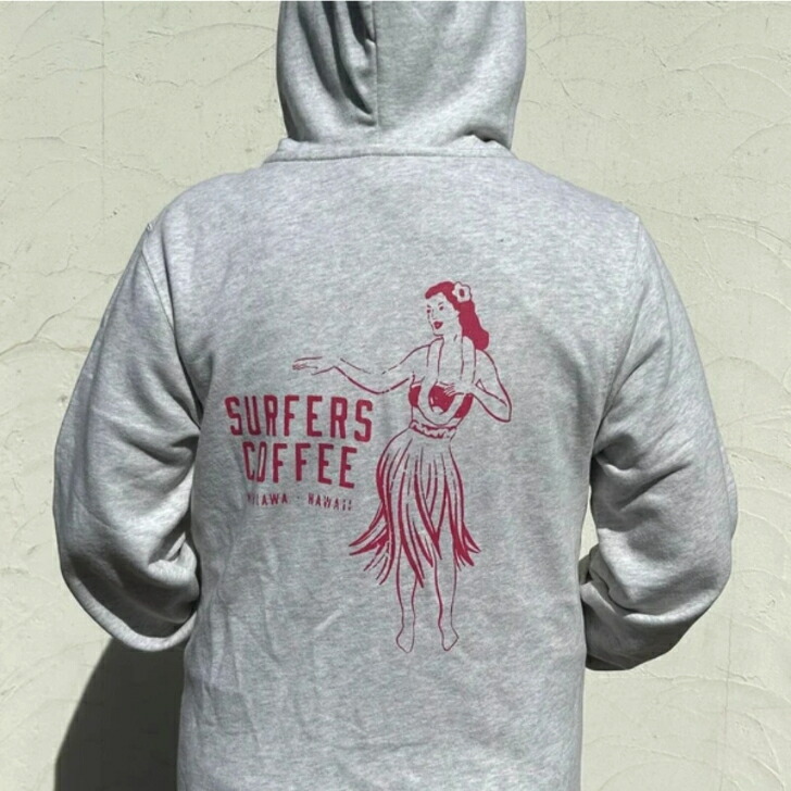【SURFERS COFFEE うしろ側ロゴタイプ ジップパーカー フラうしろ帯】 サーファーズコーヒー パーカー 調教師 ジップパーカー 薄墨色 流行り物 アロハ州