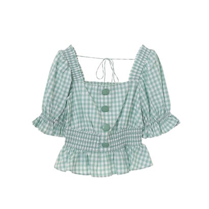 受賞店舗 トランテアン ソン ドゥ モード 31 Sons De Mode ギンガムチェックペプラムブラウス ライトグリーン 日本産 Www Toyotires Ca