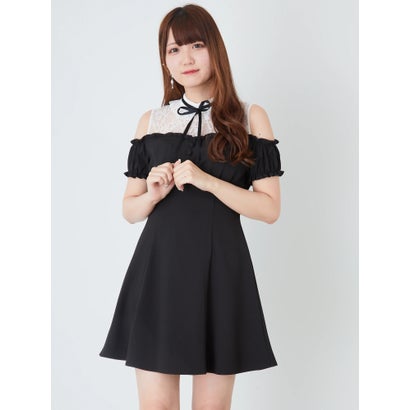 アンクルージュ Ank Rouge レース切り替え肩開きフレアワンピース ブラック Sobolewscy Pl