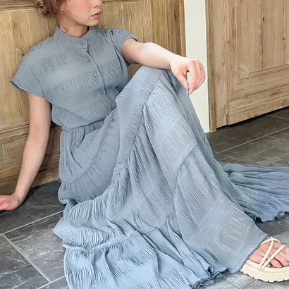 ジュノア Junoah スタンドカラーシャーリングプリーツティアードワンピース ブルーグレー Deerfieldtwpportage Com