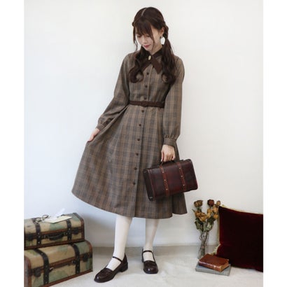 フィント F I N T カメオ差添クロスボウタイチェックワンピース Brown Br Brainchile Cl