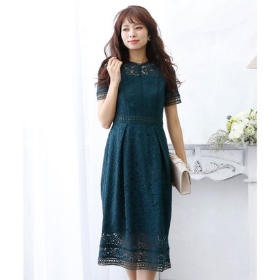 プールヴー PourVous 結婚式ワンピースドレスパネルレース袖あり&ロング大きいサイズフォーマル パーティードレス 20代 30代 40代 （ディープグリーン）