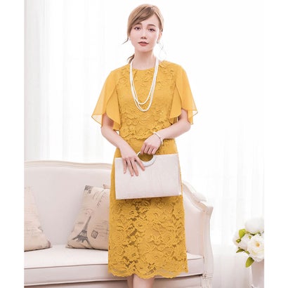 御召しものつけ加える DRESS+ 華燭の典・お呼ばれ相応うセットアップ風デザインフリルスリーブレースパーティドレス （黄色）