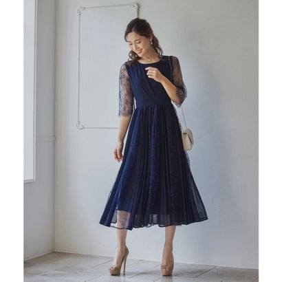 ドレスプラス DRESS+ レースシフォンドッキングワンピース パーティードレス （ネイビー）
