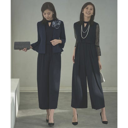 ルイルエブティック RUIRUE BOUTIQUE ノーカラージャケット＆オールインワンスーツ 2点 セットアップ パンツ フォーマル セレモニースーツ （ネイビー×ネイビー）