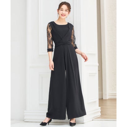 ドレスプラス DRESS+ パーティー 結婚式 ジャンプスーツ パンツドレス レース袖 オールインワン2way （ブラック）
