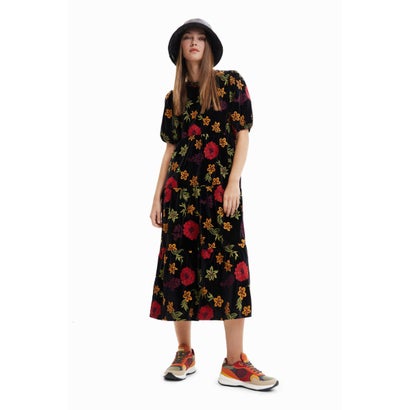 デシグアル Desigual 花柄 Aライン ミディワンピース （グレー/ブラック）