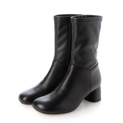 【本革 / 日本製】 バークレー BARCLAY オーブリックトゥ デザイン丸ヒール ストレッチ素材コンビ ショートブーツ （BLK）