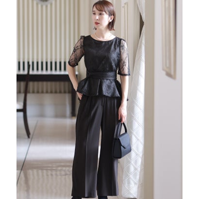 プールヴー PourVous セットアップパンツドレス結婚式&ワイドパンツぺプラム大きいサイズフォーマルロング丈 ワンピース 20代 30代 40代 （レース×ブラック）