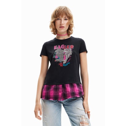 デシグアル Desigual ロックスタイル ダブルレイヤードTシャツ （グレー/ブラック）