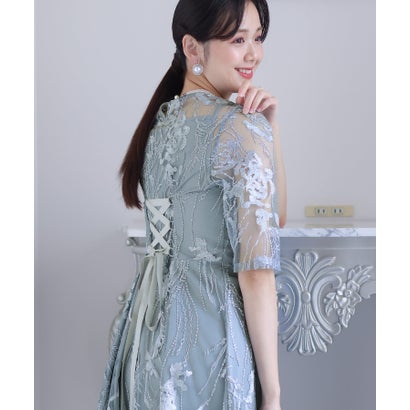 プールヴー PourVous ミモレ丈\u0026七分袖フォーマルボタニカル刺繍大きいサイズ結婚式パーティードレス ワンピース 20代 30代 40代 （ブルーグレー）