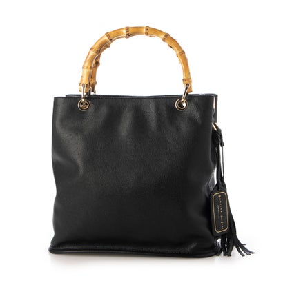 ジェニュインレザー Genuine Leather 天然シボ 本革バッグ バンブーバッグ 天然竹ハンドル (BLACK)