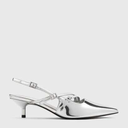 バックルストラップ キトゥンヒールスリングバックパンプス 【再入荷】（Silver）