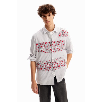 デシグアル Desigual ストライプ&ハート パッチワークシャツ （ホワイト）