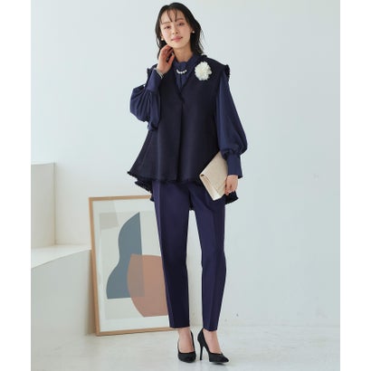 ルイルエブティック RUIRUE BOUTIQUE 【3点セット】バスケットツイードジレ＆タイパールチェーンボリューム袖ブラウス＆テーパードパンツ 3点 セットアップ 洗える（ネイビー）｜LOCOMALL（ロコンド公式ストア）
