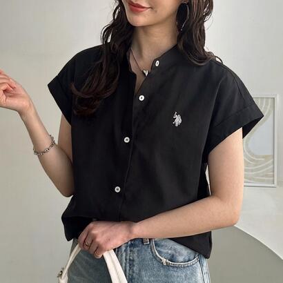 ジーラ GeeRA 【U．S． POLO ASSN．】バンドカラー半袖シャツブラウス （ブラック）
