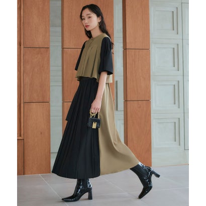 ルイルエブティック RUIRUE BOUTIQUE 洗える ボリュームスリーブ・ギャザー ロング丈 ワンピース （カーキ×ブラック）