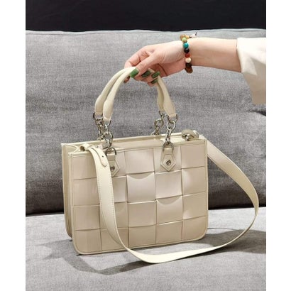 トミエコ Tomieco LEATHER トートバッグ 本革編み込み 2way仕様 スクエア (WHITE)
