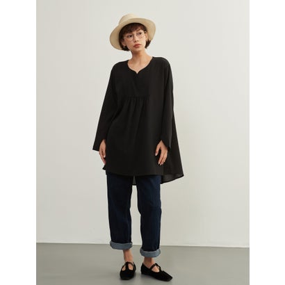 オンワンズオン On One's Own 袖口スリット・長袖リネン混シャツ・ロングブラウス・体系カバーチュニック （BLACK）