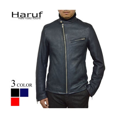 ハルフ Haruf シングルライダースジャケット レザージャケット 革ジャン メンズ 本革 斜めジップ シンプル 秋冬 春 メンズアウター RSW1 （ネイビー）