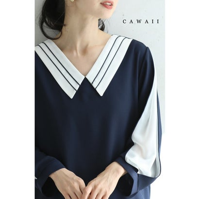 カワイイ CAWAII スリット袖から覗くシアーベールの上品ブラウストップス （ネイビー）