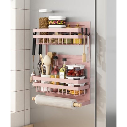 アイモハ aimoha 冷蔵庫の壁面をフル活用 マグネット式 キッチン収納ラック L （ピンク）
