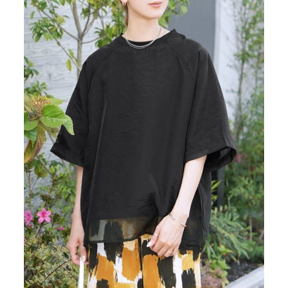 【重ね着風デザインでゆったり楽ちん♪】オーガンジー重ねラグラン半袖Tシャツ（ブラック）/ day252630