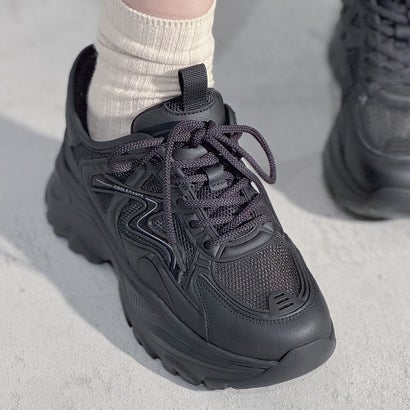 オール黒いこと ALL BLACK 【LEATHER/MESH・軽さ/243ｇ/厚底/5糎/カップインソール】レースアップスニーカー （黒いこと）