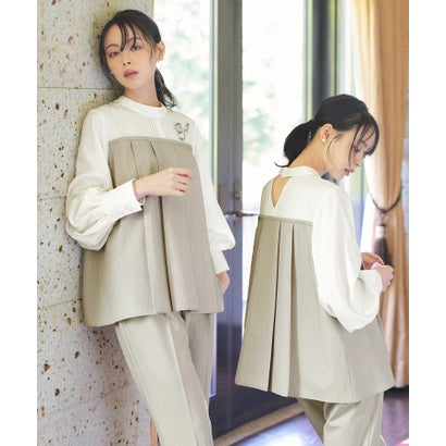 ルイルエブティック RUIRUE BOUTIQUE 洗える ストレッチ ｜ 異素材MIXドッキング ストライプ トップス ＆ テーパードパンツ (ワンタック) ｜ セットアップ ブラウス ストレートパンツ オフィスカ