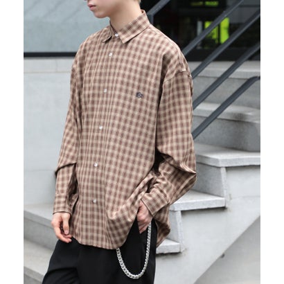 メゾンクラブ MAISON CLUB 【MAISON CLUB】トップス ロングスリーブ シャツ 長袖 チェック ストライプ 無地 アナグラム刺繍 ワンポイント オーバーサイズ ビッグシルエット （ブラウン）