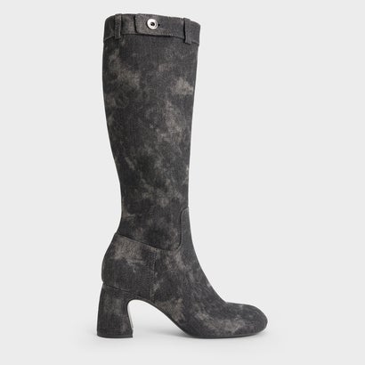 ブロックヒール ロングバイカーブーツ（DarkGrey）
