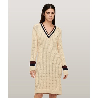 トミー ヒルフィガー TOMMY HILFIGER バーシティケーブルVネックニットワンピース （ベージュ）