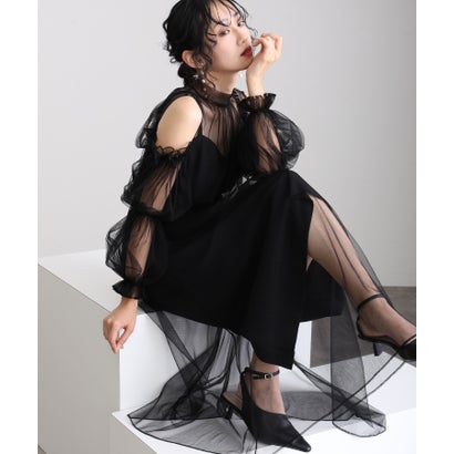プールヴー PourVous 袖あり&ミモレ丈同窓会ビスチェお呼ばれ結婚式フォーマルオケージョンドレスパーティードレス フォーマル ワンピース パーティードレス 20代 30代 40代 （ブラック）