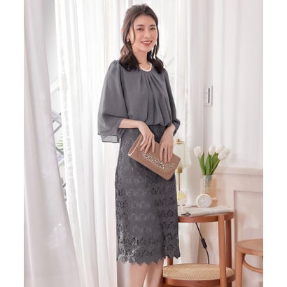ドレスプラス DRESS+ ワンピース ドレス パーティー オフィス 結婚式 シフォン レース パーティードレス （ブルーグレー）