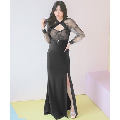 ティカ Tika シアー長袖スリーブバストカットレースうつり変わりスリットタイトロングドレス (S大きさ～L大きさ) （黒いこと）