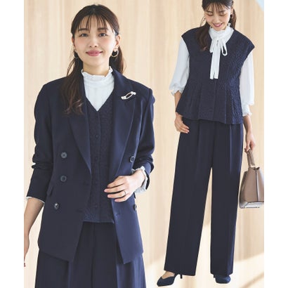 ルイルエブティック RUIRUE BOUTIQUE ストレッチ ｜ ピークドラペル ダブルジャケット ＆ プリーツ トップス ＆ タックワイドパンツ 3点 スーツ セット ｜ セレモニー オフィス 美脚 ママスーツ