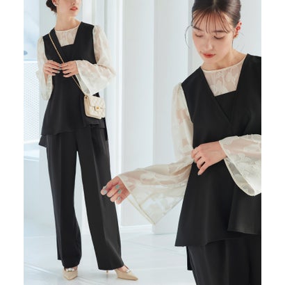 ルイルエブティック RUIRUE BOUTIQUE 【オケージョン相応う】 御芽出度 伸ばすこと 洗える ｜ 華やぎ セットアップ 御召しもの シアー 取りすてるジャカード トップス / セミワイドパンツ ｜ 美脚 寄り合い
